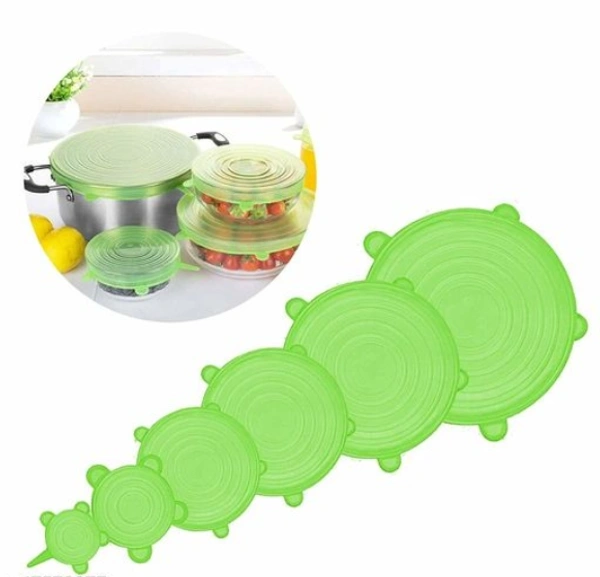 6Pcs Silicone Stretch Preserve Pot Bowl Fruit Lid for Fridge Microwave Food Container Cover  -  Green,  Multipack